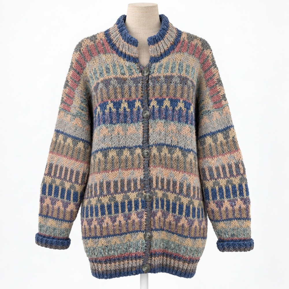 Vintage Kaffe Fassett Rowan Wool Longline Button Cardigan Sz L Geometric Chunky